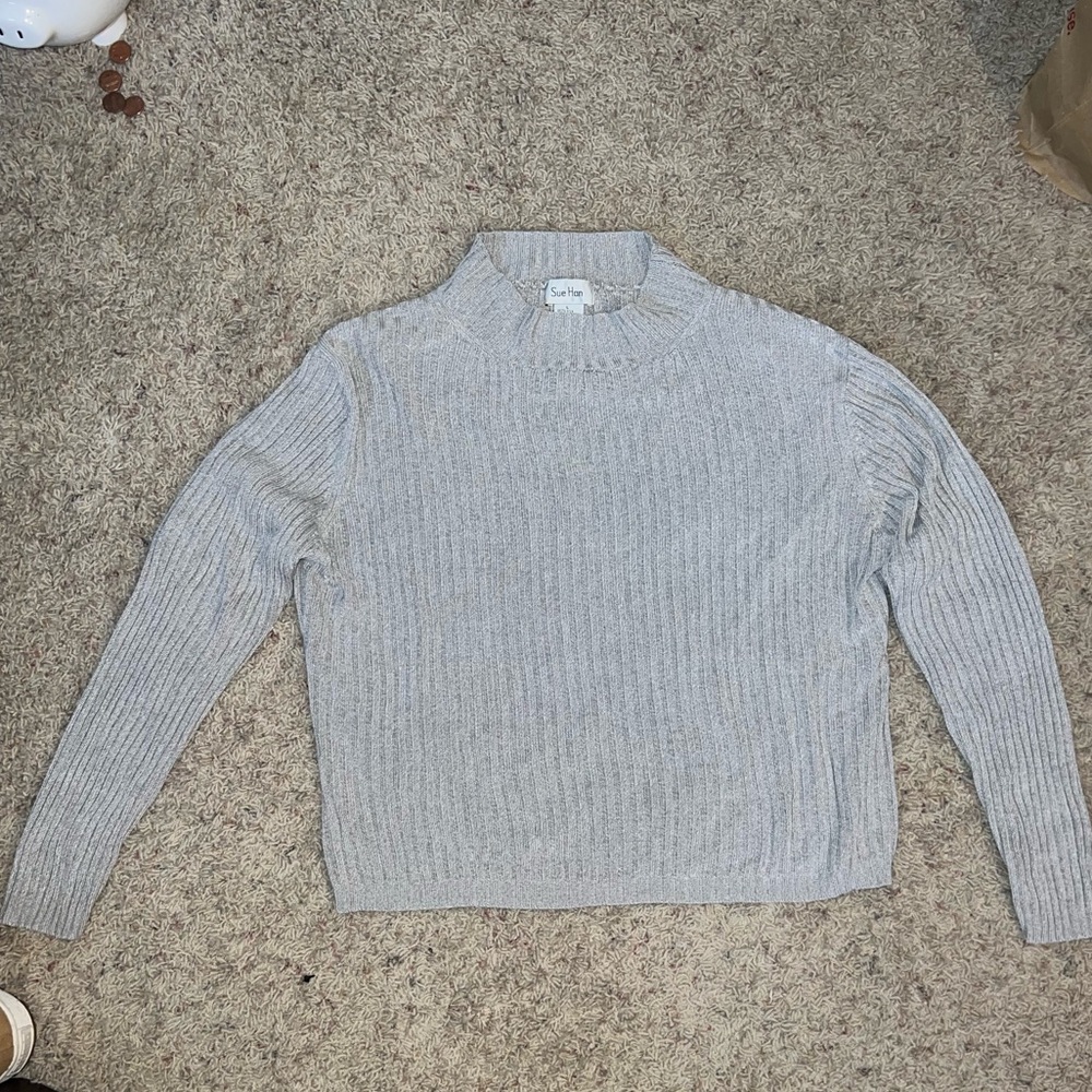 100% Silk Gray Cowl Neck Sweater with Ribbed Texture